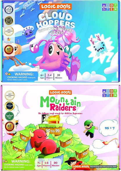 Addition and Subtraction Game - Fun Math Board Game for 6-8 Year Olds Easy to Play Educational Game for Kids at Home STEM Toy Gift for Girls &amp Boys (Cloud Hoppers + Moutain Raiders)