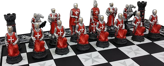 Medieval Times Crusades Red and Blue Armored Maltese Knights Chess Set with 17 Board