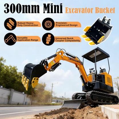 Mini Excavator Bucket 300mm with 0.98in Hole & 3.54in Span, 11.81in Trench Digger with Metal Teeth for 0.8-1.8 Ton Excavators, Digging Bucket with Manganese Steel Attachment (300mm/11.81inch)