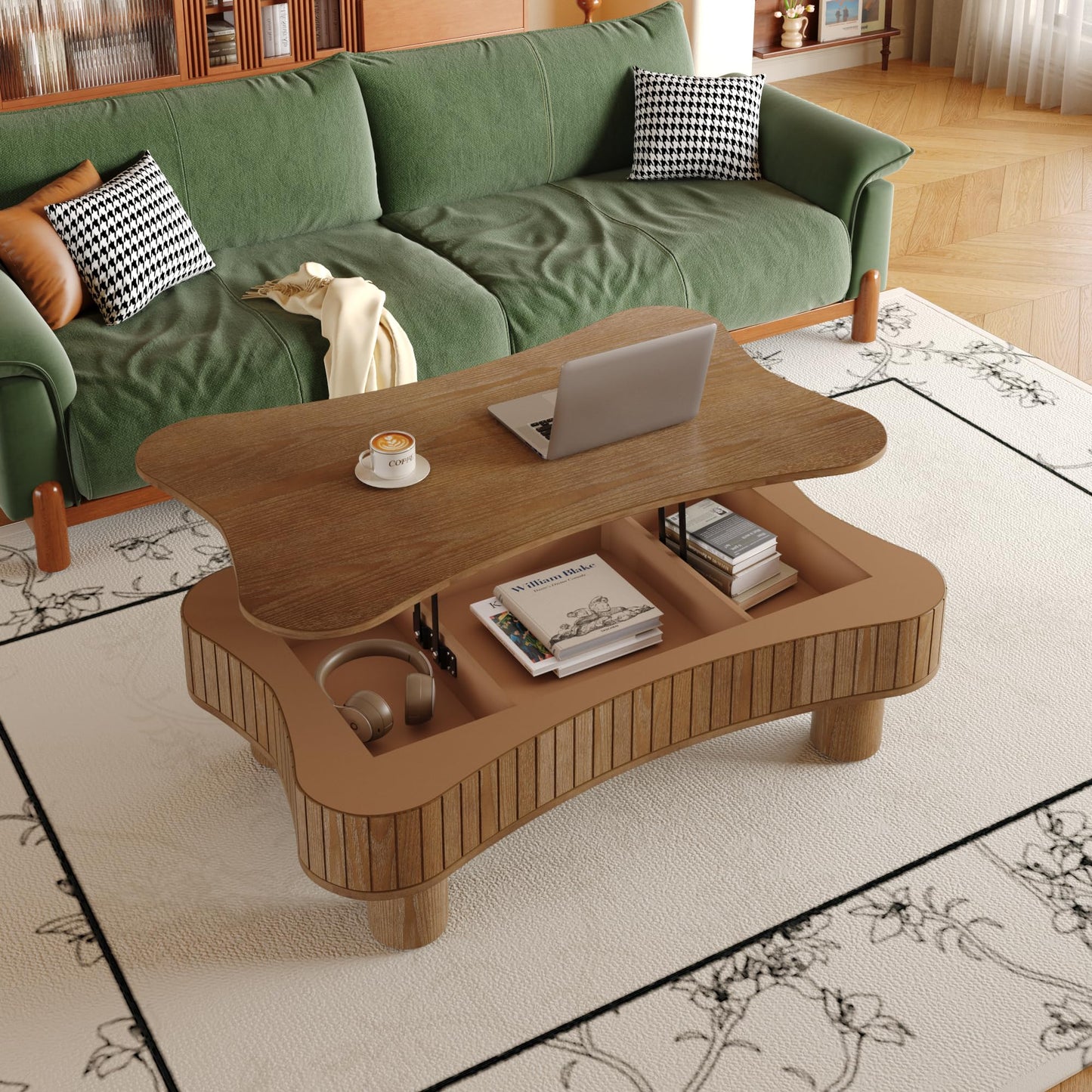 Zurnes Lift Top Coffee Table with Storage, 42" Accent Table for Living Room, Fluted Panel Hidden Storage, Silent Hydraulic Lift, Curved Corners, Easy Assembly, Walnut