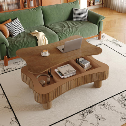 Zurnes Lift Top Coffee Table with Storage, 42" Accent Table for Living Room, Fluted Panel Hidden Storage, Silent Hydraulic Lift, Curved Corners, Easy Assembly, Walnut
