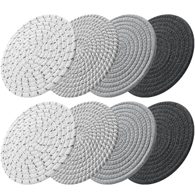 ME.FAN 8 Inch Trivets for Hot Dishs, 8 Set Cotton Thread Weave Trivets for Hot Pans, Potholders, Large Coasters, Hot Pads, Hot Mats to Protect Desktop & Countertop, Kitchen Essentials Grey