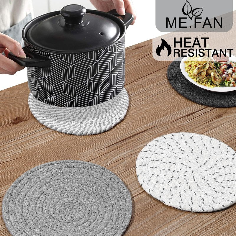 ME.FAN 8 Inch Trivets for Hot Dishs, 8 Set Cotton Thread Weave Trivets for Hot Pans, Potholders, Large Coasters, Hot Pads, Hot Mats to Protect Desktop & Countertop, Kitchen Essentials Grey