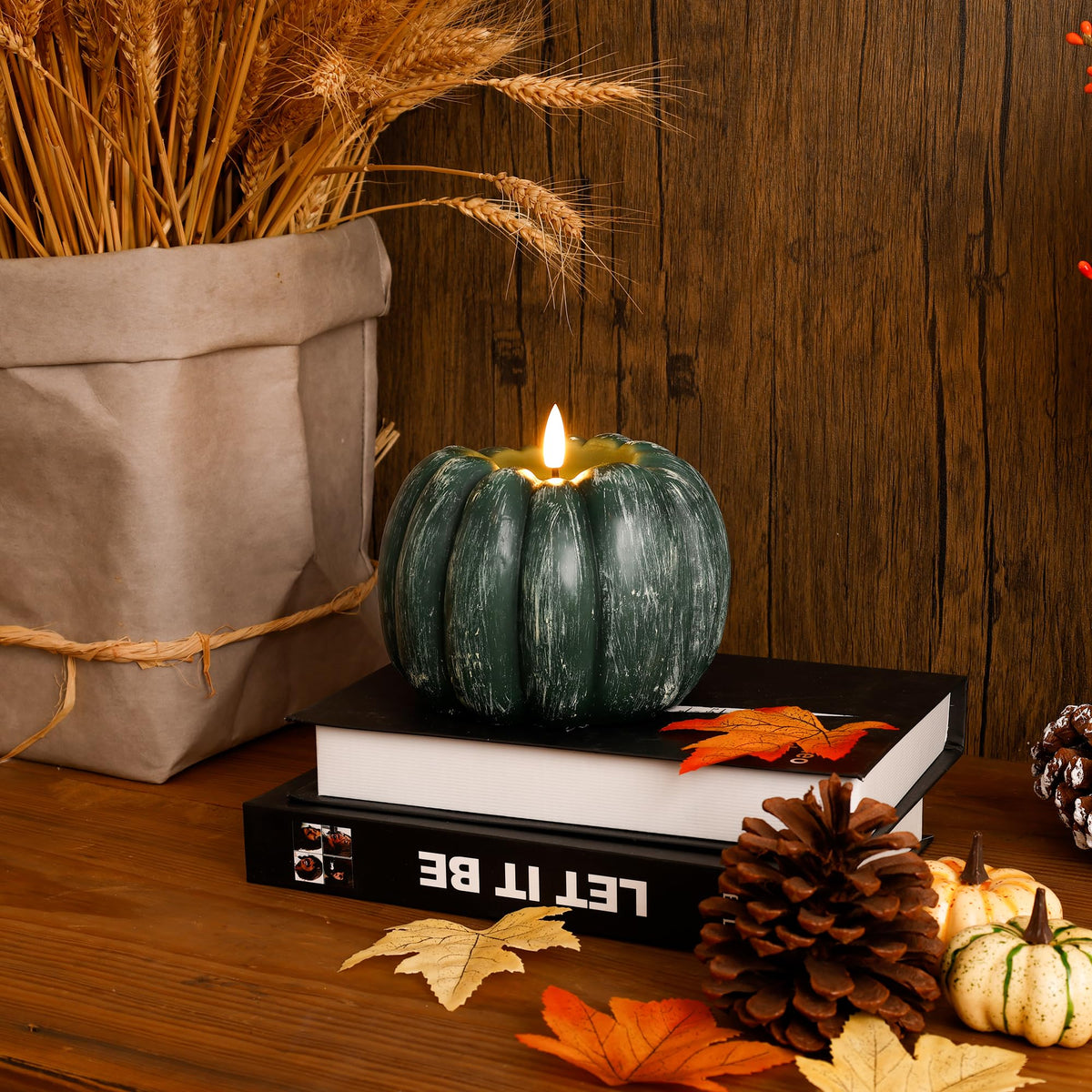 JOIONE Fall Flameless Led Pumpkin Candles with Remote, Real Wax Pumpkin Shaped Battery Operated Flickering Candles with Timer for Thanksgiving Decor, Fall Harvest Decor, Halloween Decorations, Green