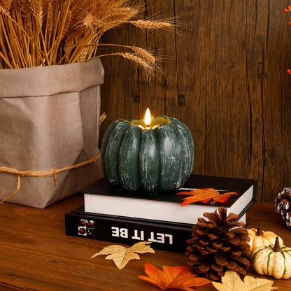 JOIONE Fall Flameless Led Pumpkin Candles with Remote, Real Wax Pumpkin Shaped Battery Operated Flickering Candles with Timer for Thanksgiving Decor, Fall Harvest Decor, Halloween Decorations, Green