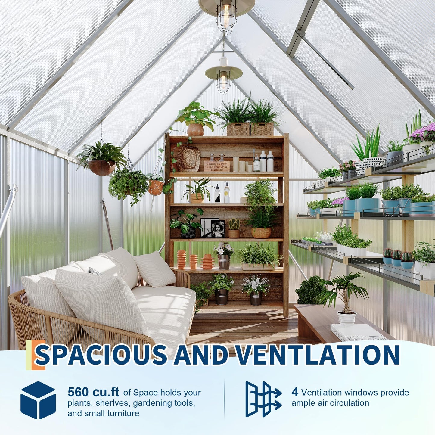 6x7 FT Heavy Duty Aluminum Polycarbonate Greenhouse – Large Walk-in Structure, Quick Setup, Roof Vent, Lockable Door, Rain Gutter – Ideal for Patio, Backyard, Garden – Silver