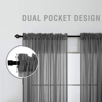 Charcoal Grey Linen Look Sheer Curtains 63 Inch Length for Kitchen 2 Pack Rod Pocket Breathable Airy Gray Curtains for Bathroom Window Laundry Canopy Sitting Room Reading 52x63 Inches Long Dark Grey