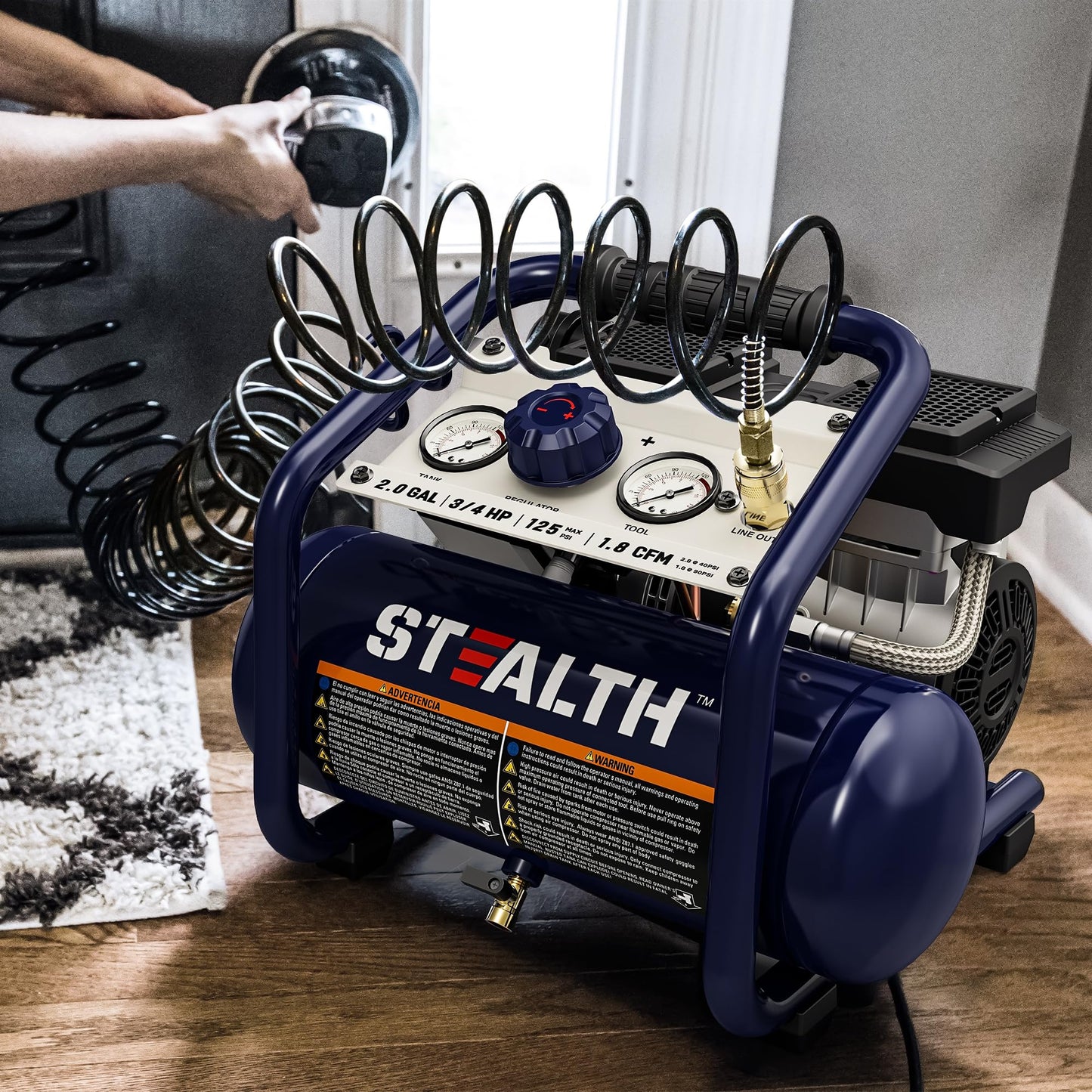 Stealth Air Compressor 2 Gallon, 3/4 HP Oil-Free Compressor, Less than 60dB Ultra Quiet Electric Air Compressor,Max 125 PSI Pressure for Tire Inflation,Nailing,Home DIY Project(SAQ-1234)