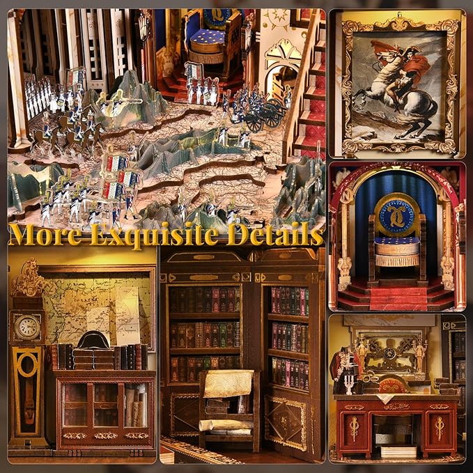 Book Nook Kit with LED Light Miniature House Kit for Birthday 3D Wooden Bookends Puzzle Bookshelf Decor for Adults Teens Beginners (Napoléon)