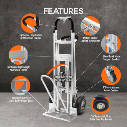 Vergo Industrial Convertible Hand Truck - AS7A2 Heavy Duty Aluminum 3 in 1 Dolly (750 lb Capacity) Lightweight Frame, Ergonomic Handle, Extendable Loop, Versatile Moving Dolly (3 Positions 53" High)