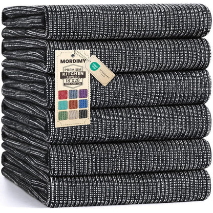 Mordimy Premium Kitchen Towels 6 Pack (18 x 28 Inches, Black), Large Cotton Kitchen Hand Towel, Flat & Terry Dish Towels for Drying Dishes, Super Absorbent Tea Dishtowels Set with Hanging Loop