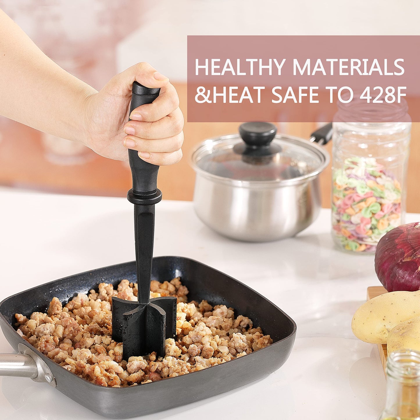 Meat Chopper Masher for Ground Beef and Hamburger Meat, Heat Resistant 5 Curved Blades Ground Beef Smasher, Nylon Meat Spatula Hamburger Chopper, Mix and Chop Kitchen Tool