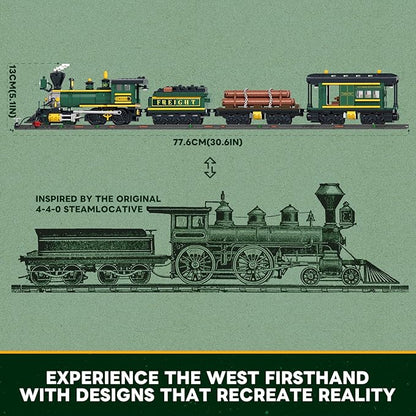 Wild West Freight Train Lighting Building-Bricks Set - Classic 4-4-0 Locomotive Model 1524 Pcs Ideas Kit for Adult and Teens
