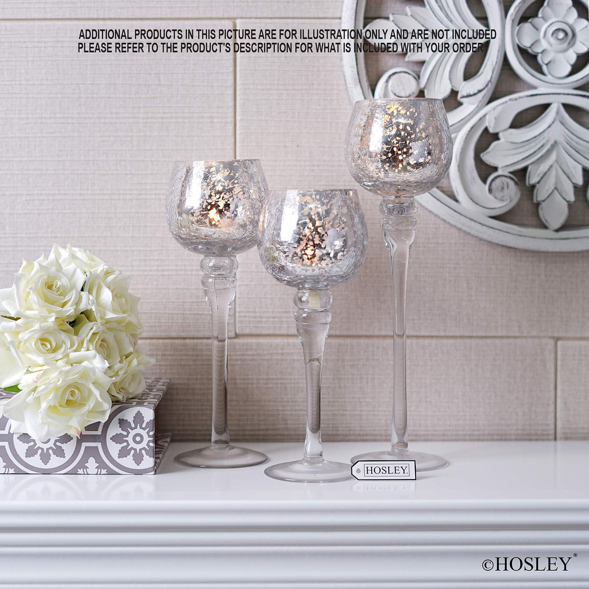 Hosley Set of 3 Crackle Metallic Glass Tealight Holders 12 Inch, 10 Inch, 9 Inch Elegant Home Decor for Ambient Lighting and Stylish Centerpieces and Gift