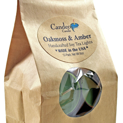 Oakmoss & Amber Scented - Soy Tealight Candles, 12 Pack - Green Tealight Candles - Highly Scented - Made with Soy Wax - Handmade in The USA - Candeo Candle - Summer Scents