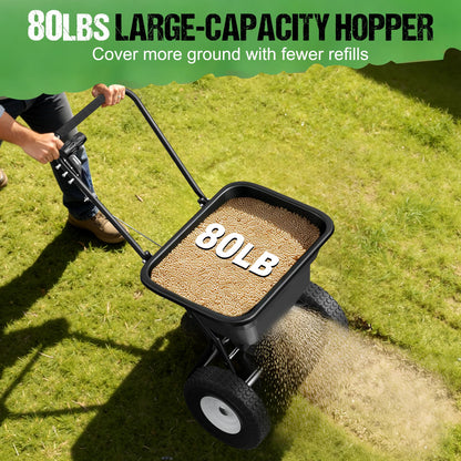 PPOLB Broadcast Spreader for Lawns, 80LB Fertilizer Spreader with 25-Level Flow Control, Walk Behind Lawn Seed & Salt Spreader, 0–10FT Coverage, Hopper Screen, Rain Cover, 12" Pneumatic Wheels