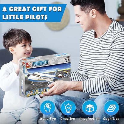 City Passenger Airplane Building Set 4 in 1 STEM Toy with a Large Plane Passenger Bus Luggage Truck Container Loader and 7 Minifigures Compatible with Lego Plane Airport Gift for Boy 6-12