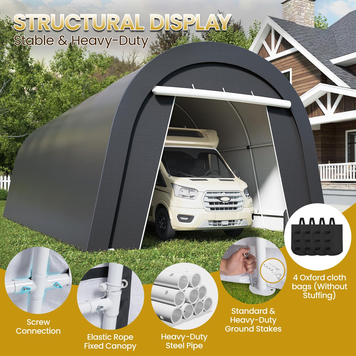 Wisteria Lane Heavy Duty Carport with 4 Cloth Bags, All-Weather Car Canopy with 2 Roll-up Doors, Portable Garage Storage Shelter Shed for Boat, Truck, or Garden Tools, 12' x 25'