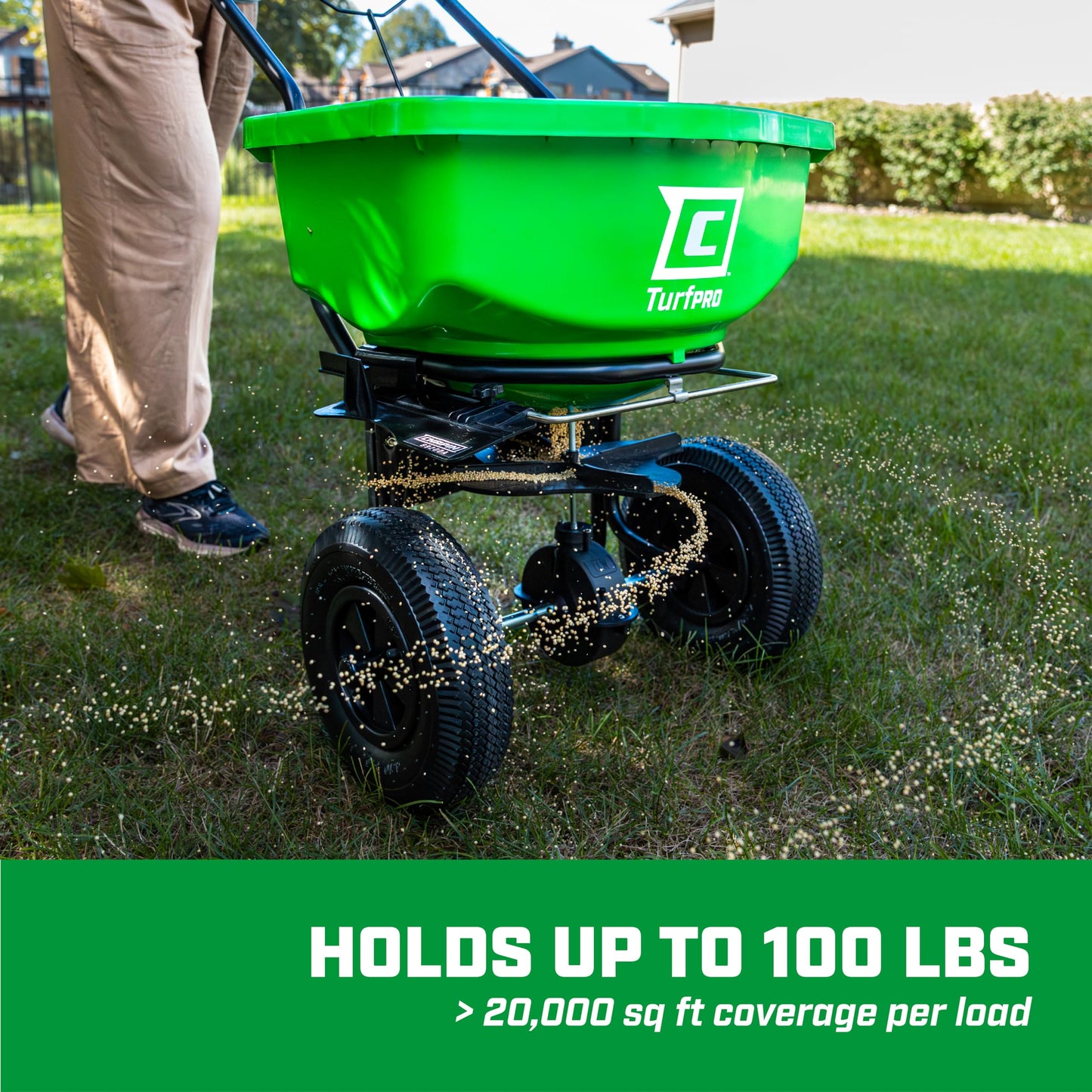 Chapin 89303C Spreader, Lawn and Garden, 100Lbs, Contractor, TurfPro, Broadcast, Push, Walk Behind, 12" Tires, Weather-Proof, Poly Hopper, Side- Adjust Lever, Spreads Fertilizer and Seeds
