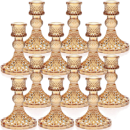DARJEN Candlestick Holders Set, 12Pcs 4" H Taper Candle Holders Bulk, Glass Candle Holders for Wedding, Festival, Party & Windowsill Decor, Gold