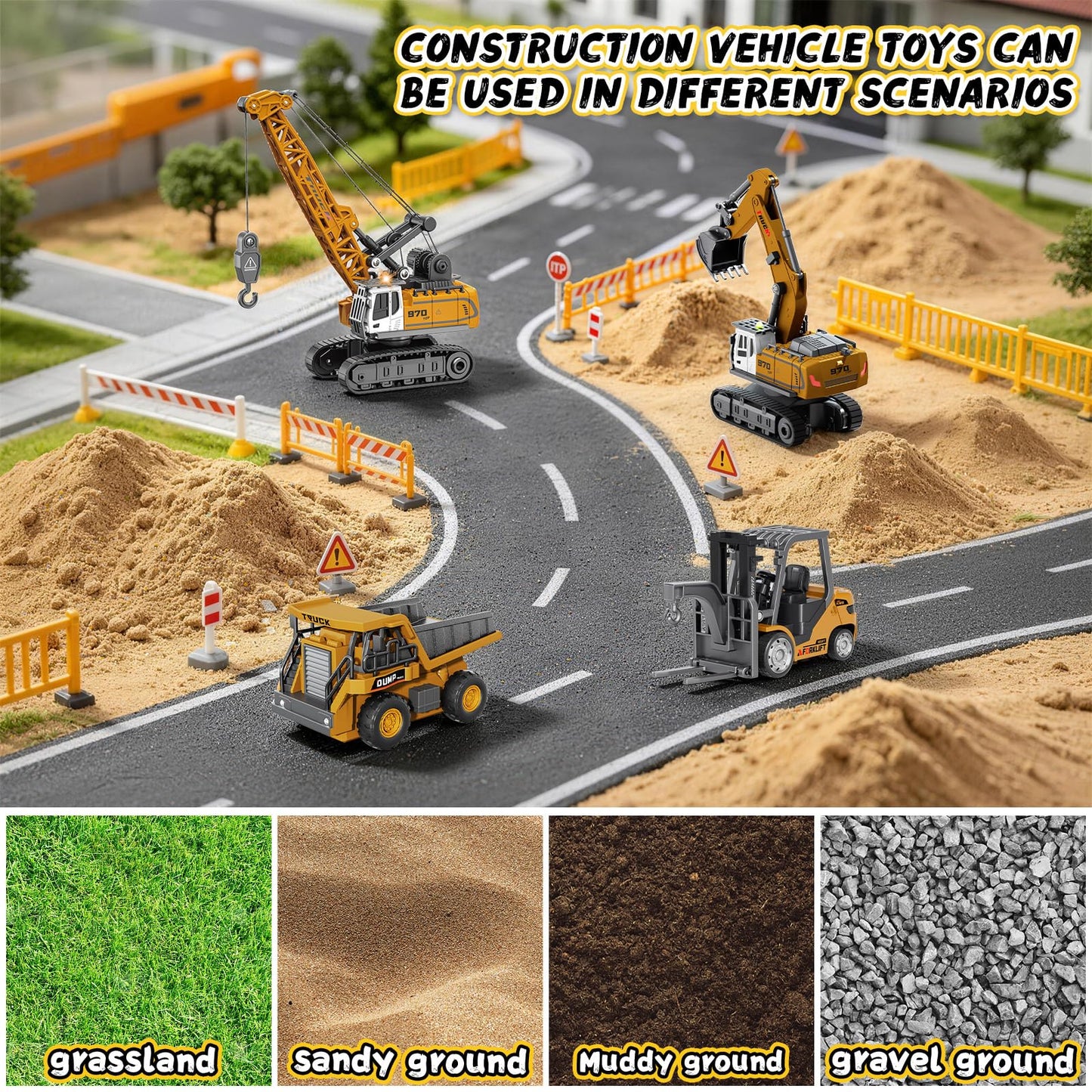 4 PCS RC Construction Vehicles Set with Mini Excavator dump truck Forklift and crane USB Charge Real Lights & Sounds and Movable Parts & Traffic Sign Simulate True Scale Birthday Gifts for Kids Adults
