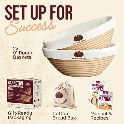 Superbaking 2 pcs Banneton Bread Proofing Basket, 9" Splinter-Free Round Rattan Bread Basket with Liners, Sourdough Starter Kit, Sourdough Bread Baking Supplies & Sourdough Kit, Bread Making Tools