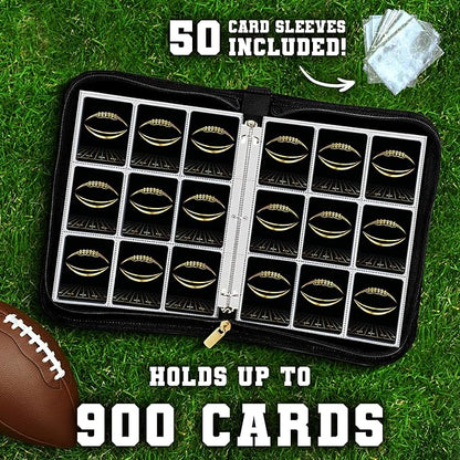 Card Binder 9-Pocket 900 Pockets (50 Sheets) Premium Zipper Binder for Football Cards Football Binders for Cards Waterproof PU Includes 50 Clear Sleeves