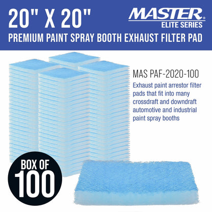 Master Elite Premium Paint Spray Booth Exhaust Filter Pad 20" x 20", Box of 100-18 Gram Fiberglass Paint Arrestors - Captures Traps Overspray Particles in Auto Car Autobody Refinish Booths