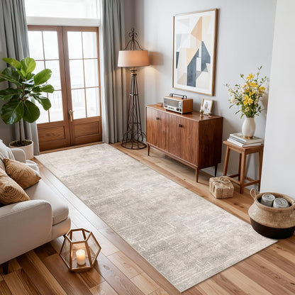 **Regine Switzerland Washable Runner Rug - Abstract Stain Resistant Design | 2x8 Feet, Beige/Cream**
