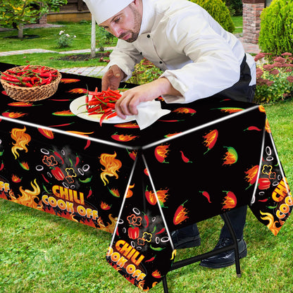 Iceyyyy 4 Pcs Black Chili Cook Off Table Decorations Set-108" x 54" Chilis Peppers Flame Table Covers 33 Ft Cooking Chili Contest Banner-Disposable Chilis Peppers Party Decorations for Party Supplies