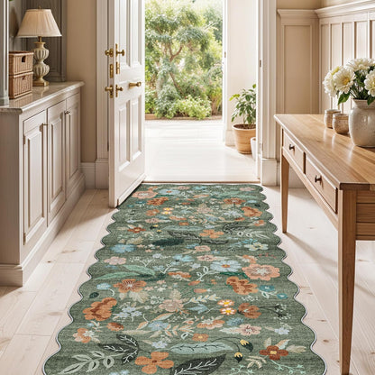 Skiennix Washable Kitchen Area Rug - Floral Scalloped Non-Slip Runner for Hallway & Bathroom | 2x5 ft, Green
