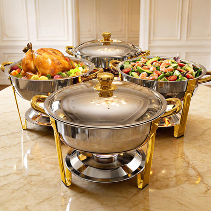Chafing Dishes for Buffet 4 Pack, 6QT Round Stainless Steel Buffet Food Warmers with Elegant Gold & Silver Accents, Complete Set for Weddings, Parties, Catering Events & Holiday Gatherings