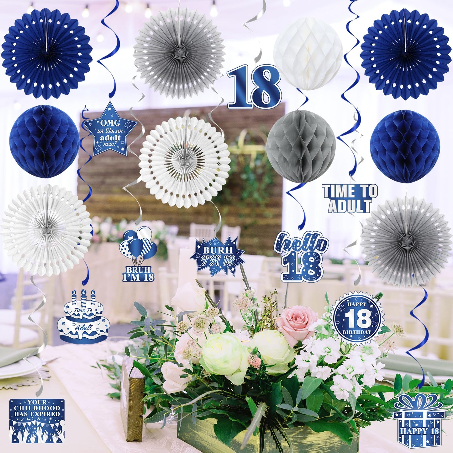 Vlipoeasn 18th Birthday Decorations Set for Boys, Blue Silver 18 Year Old Birthday Banner, Paper Fans,Bruh I'm 18 Party Supplies