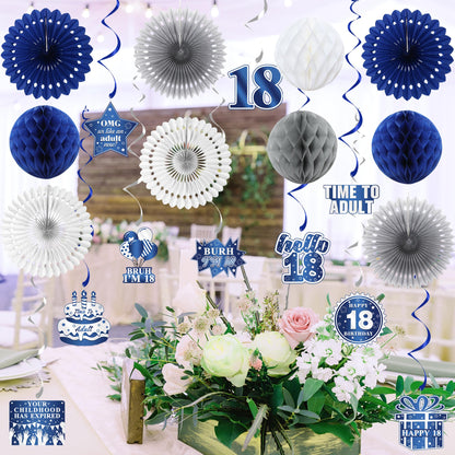 Vlipoeasn 18th Birthday Decorations Set for Boys, Blue Silver 18 Year Old Birthday Banner, Paper Fans,Bruh I'm 18 Party Supplies