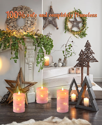 Upinmz Flickering Flameless Candles with Embedded String Lights, Battery Operated Candles with Remote Control and Timer,LED Candles for Home Decoration,Real Wax, 3 Pack Pink