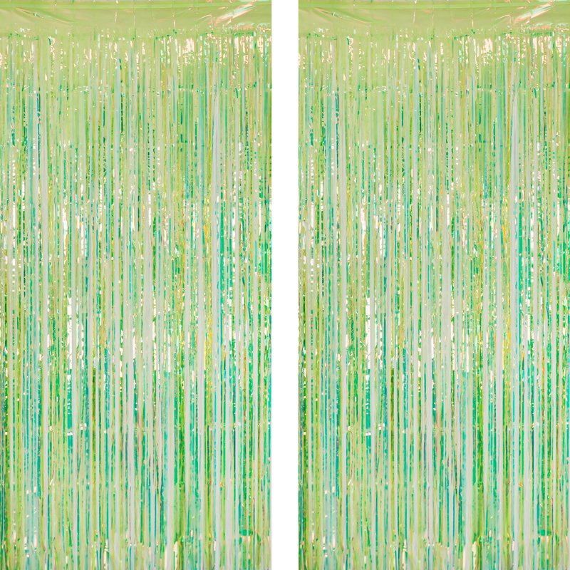 GREATRIL Iridescent Green Party Streamers Tinsel Foil Fringe Curtain for Wild Luau Dinosaur Theme Birthdays Decorations, 3.2 x 6.5 ft, 2 Pack