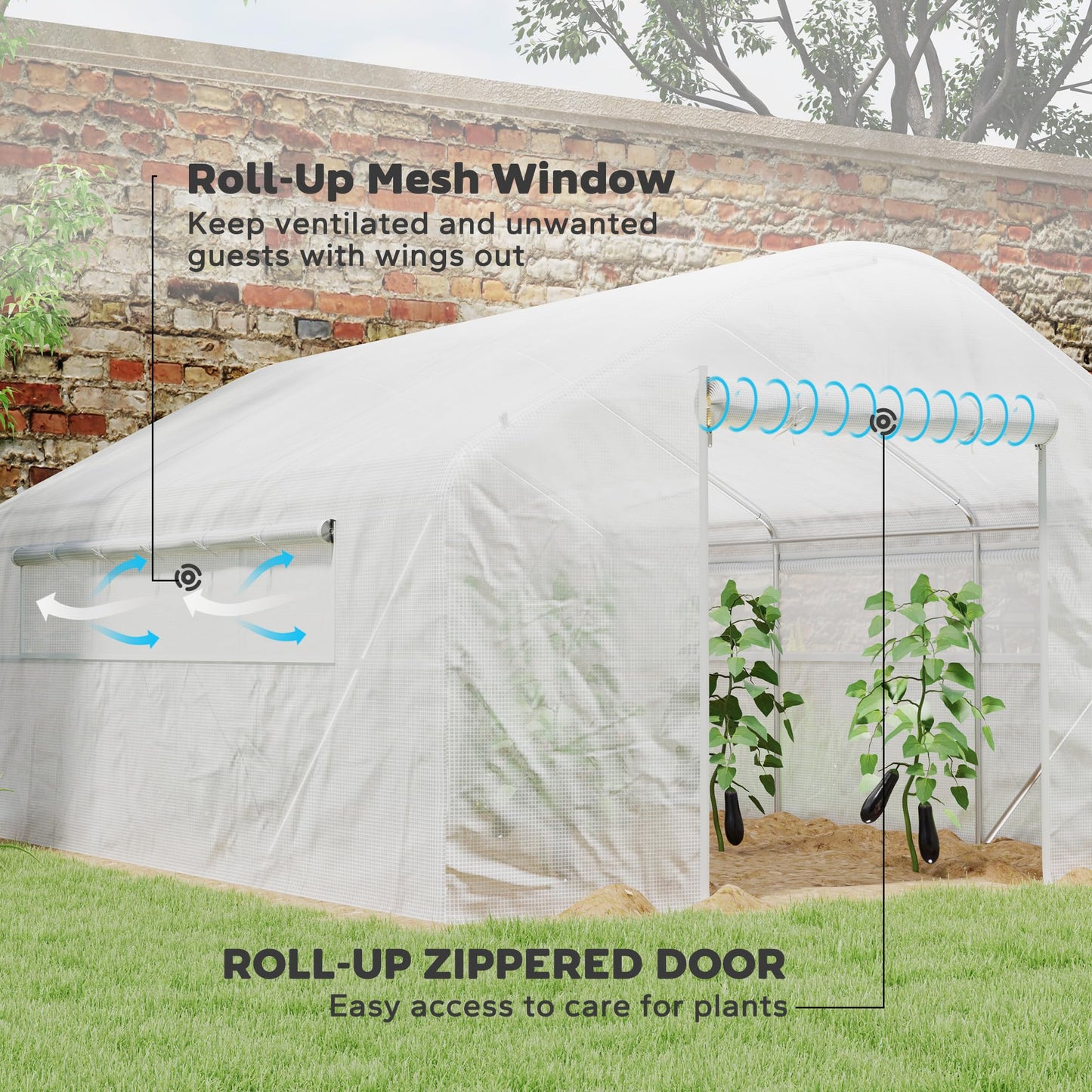 Outsunny 13' x 10' x 6.5' Hoop House Greenhouse with Large Windows and Zippered Door, Large Walk-in Tunnel Green House with Upgraded Galvanized Steel Frame, PE Cover, Gardening Plant Hot House, White