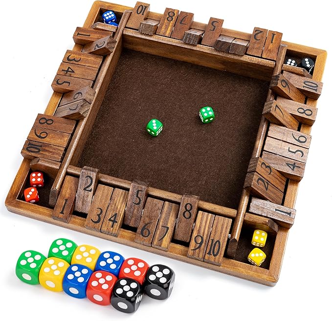 ropoda 12 Inches 4-Way Shut The Box Dice Board Game (2-4 Players) for Kids &amp Adults [4 Sided Large Wooden Board Game 8 Dice + Shut-The-Box Rules] Smart Game for Learning Addition