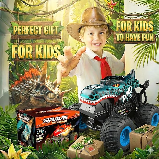 BEZGAR Monster Truck Toys - Remote Control Monster Truck with Light &amp Music Dinosaur Toys for Kids 1:20 Scale RC Truck with 360° Spins and Drifting Remote Control Car for Boys 4-7 Blue