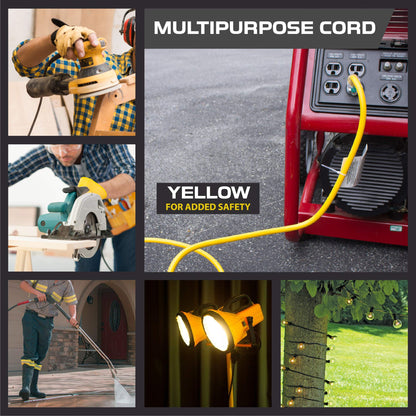 Iron Forge Cable 10 AWG Extension Cord 50 ft with Heavy Duty Extension Cord Reel Metal Stand, Holds Up to 100 ft of Extension Cord - 3 Prong Yellow with Lighted Ends SJTW