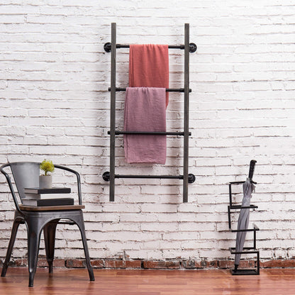 MyGift Wall-Leaning Rustic Gray with White Finish Wood Ladder-Style Blanket Rack Vintage Grey Wood & Industrial Metal Pipe Wall Mounted Ladder Rack, 46 Inch Towel Shelve