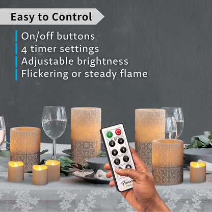 FURORA LIGHTING Grey Rome Flameless Candles - Real Wax, Adjustable Brightness, Remote & Timer - 4 Pillars (3x4, 3x6) and 4 Votives, 8-Pack, Battery Operated