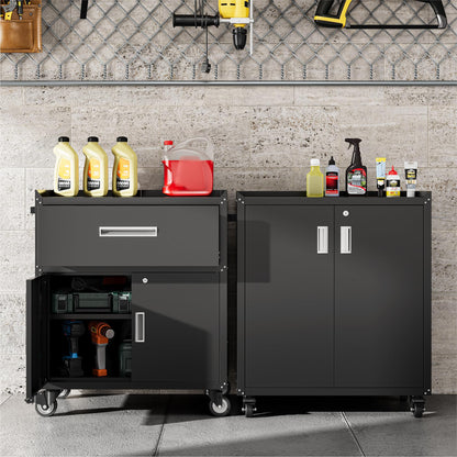COFaR Heavy-Duty Rolling Storage Cabinet, 2-Door Metal Garage Cabinet with 2 Adjustable Shelves, Lockable Wheels & Locking Doors, 35"H Large Capacity Tool Chest for Workshop, Garage, Warehouse - Black
