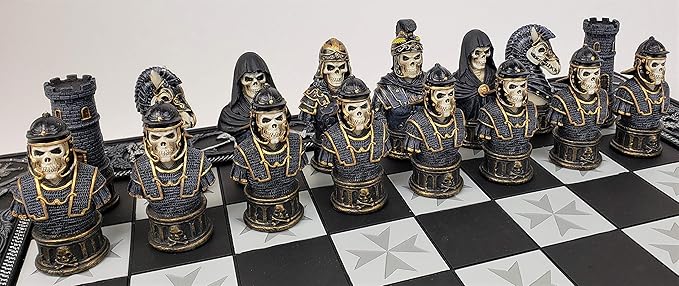 Medieval Times Skull Busts Gothic Fantasy Skeleton Knights Chess Set with 17 Maltese Board
