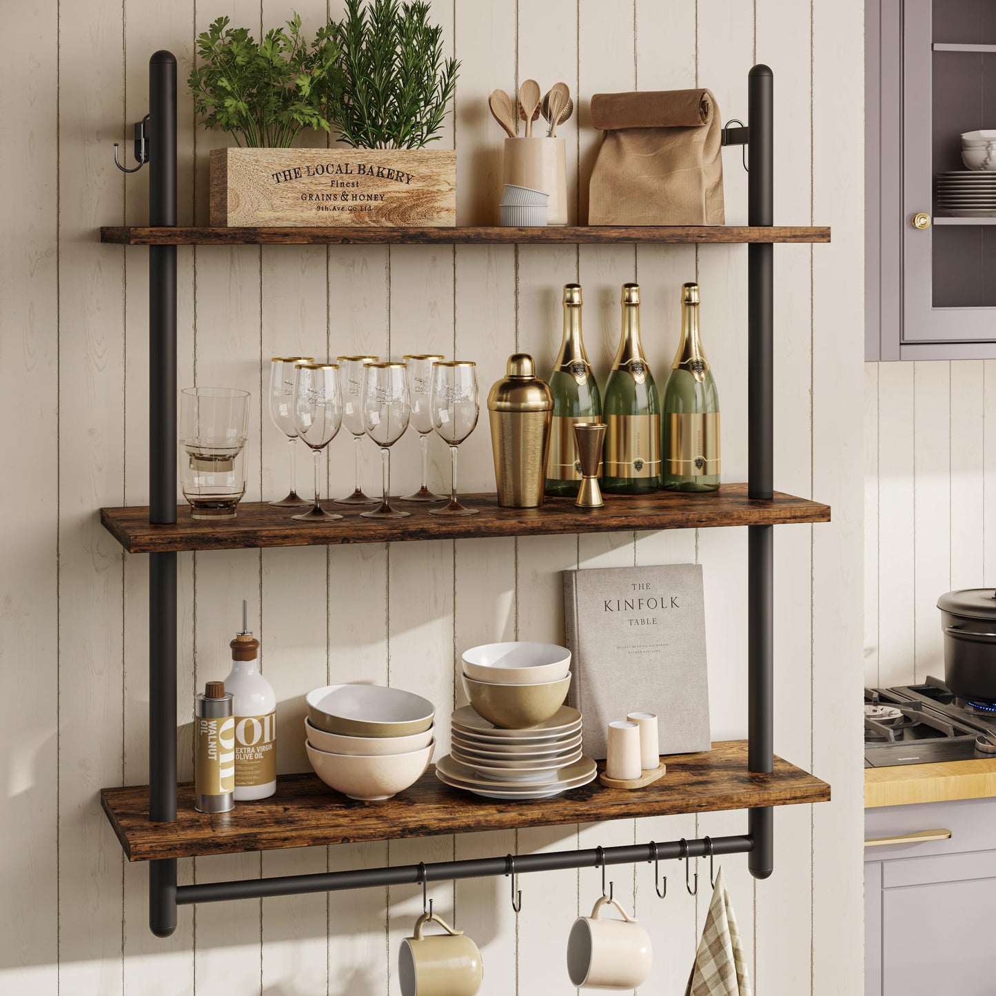 Bestier Floating Pipe Shelving Kitchen Shelves, 31" Wall Mounted Shelf 2 Tier & 3 Tier Bundle, Rustic Brown
