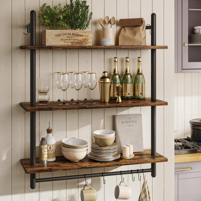 Bestier Floating Pipe Shelving Kitchen Shelves, 31" Wall Mounted Shelf 2 Tier & 3 Tier Bundle, Rustic Brown
