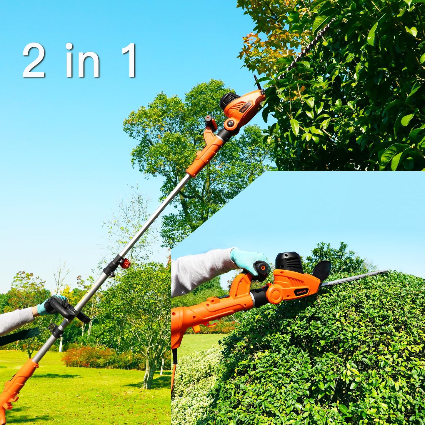 GARCARE 2 in 1 Hedge Trimmer Corded - 4.8A Telescopic Pole Hedge Trimmer, 18" Dual-Action Blade & Adjustable Head, Long Reach Branch Cutter for Tall Bushes