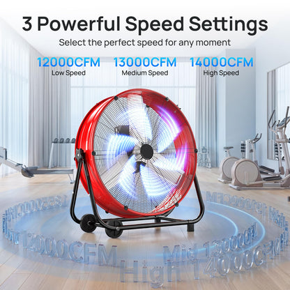 Mountman 30" High Velocity Floor Fan, 14000CFM Heavy Duty Industrial Drum Fan, 360° Tilt with 2 Casters, 550W, 3 Speeds, Handle, Outdoor Metal Shop Fan for Garage, Factory,Patio,Basement, Commercial