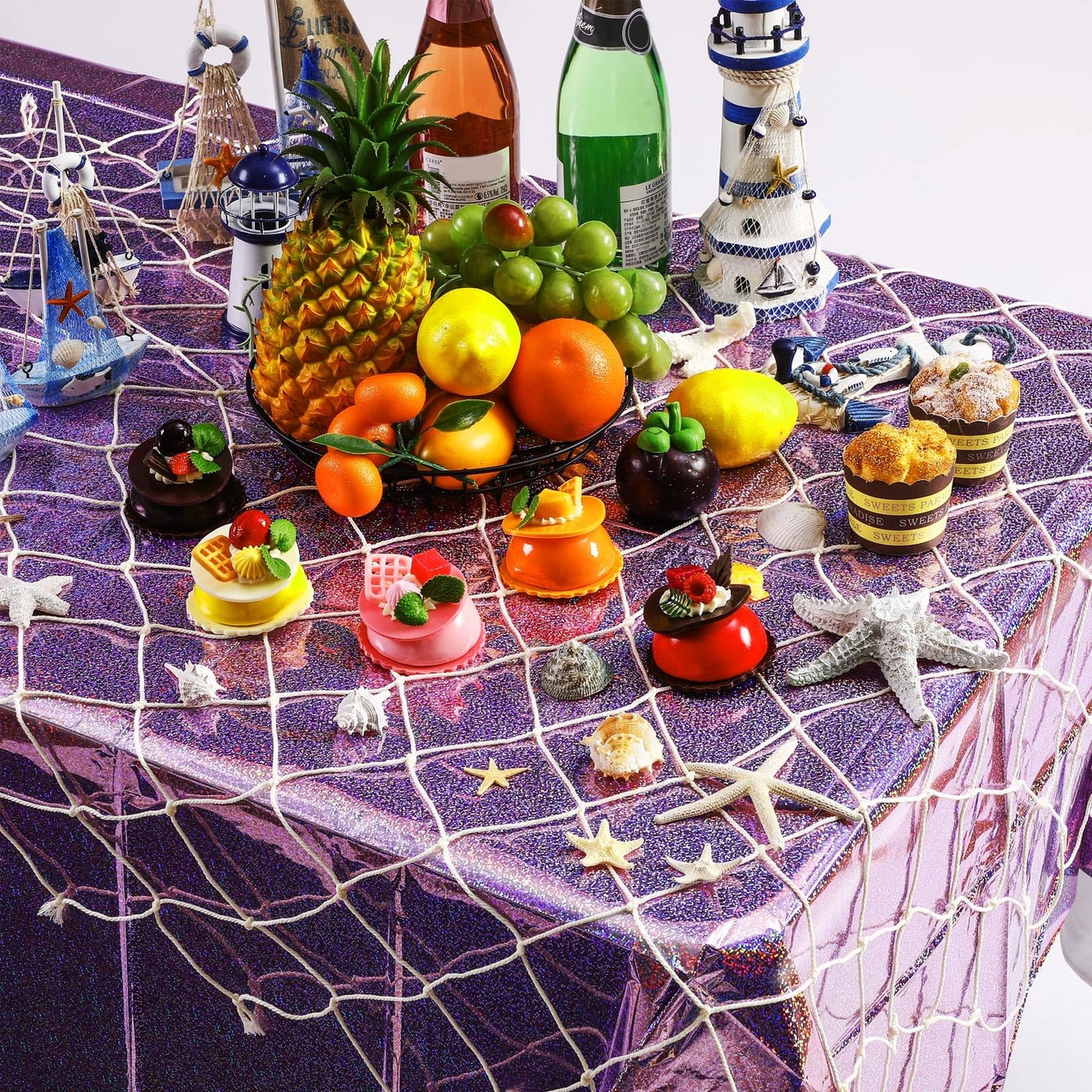 Oudain 12 Pcs Mermaid Tablecloth Fish Net and Iridescent Plastic Table Cloth Decorations Set for Mermaid Birthday Decorations,Ocean Summer Sea Theme Party Baby Shower (Purple,Blue,Pink)