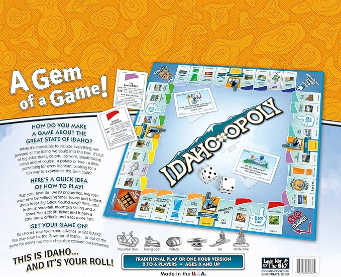 Late for The Sky Idaho-Opoly Board Game – Idaho State Themed Family Strategy Opoly-Style Fun for 2-6 Players Ages 8+ Traditional or Fast 1-Hour Play for Game Night